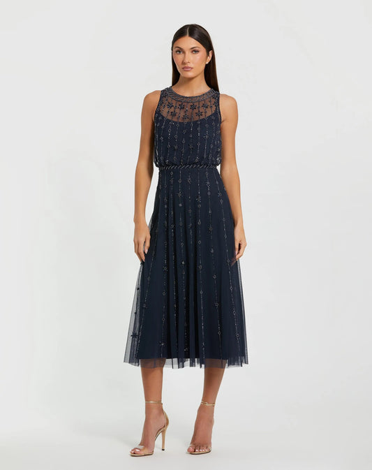 Mac Duggal Navy High Neck Sleeveless Embellished A Line Cocktail Dress