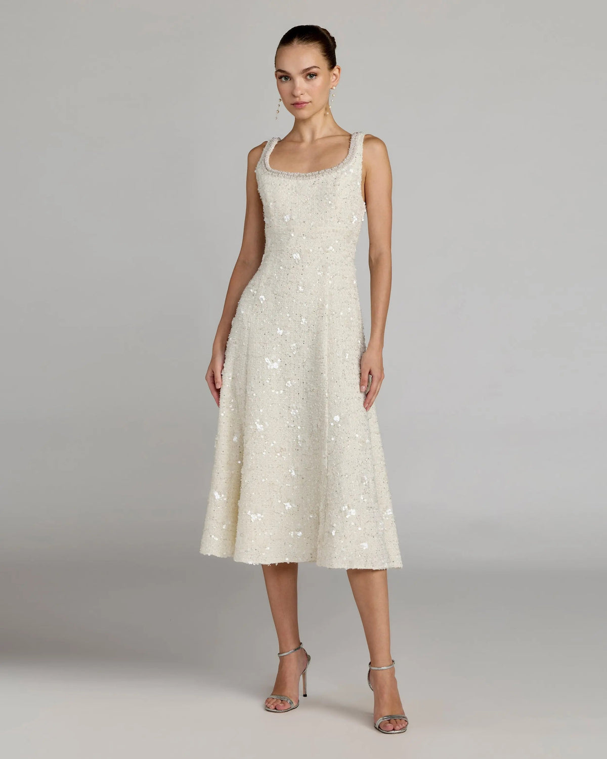 Mac Duggal Ivory Embellished Boucle Sleeveless A-Line Midi Dress