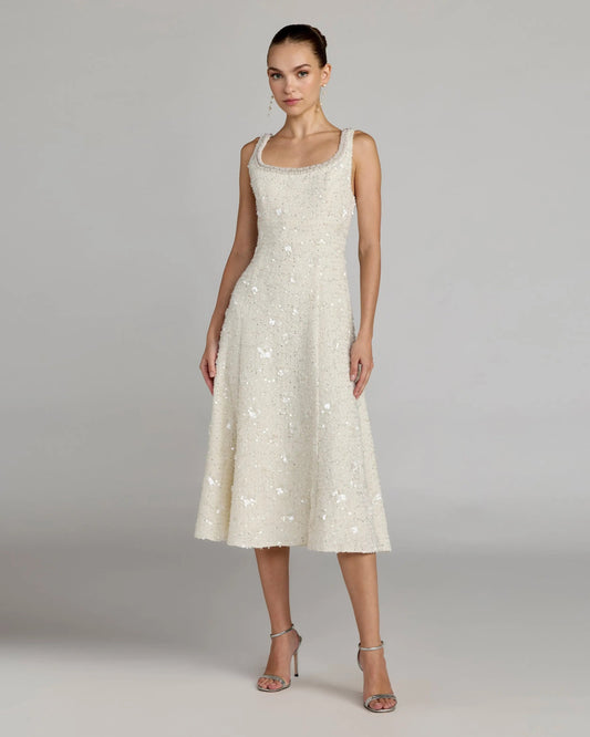 Mac Duggal Ivory Embellished Boucle Sleeveless A-Line Midi Dress