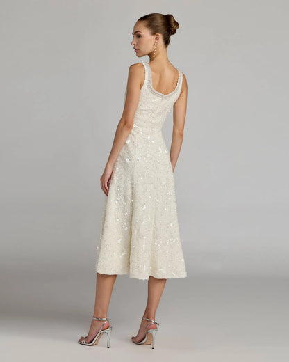 Mac Duggal Ivory Embellished Boucle Sleeveless A-Line Midi Dress
