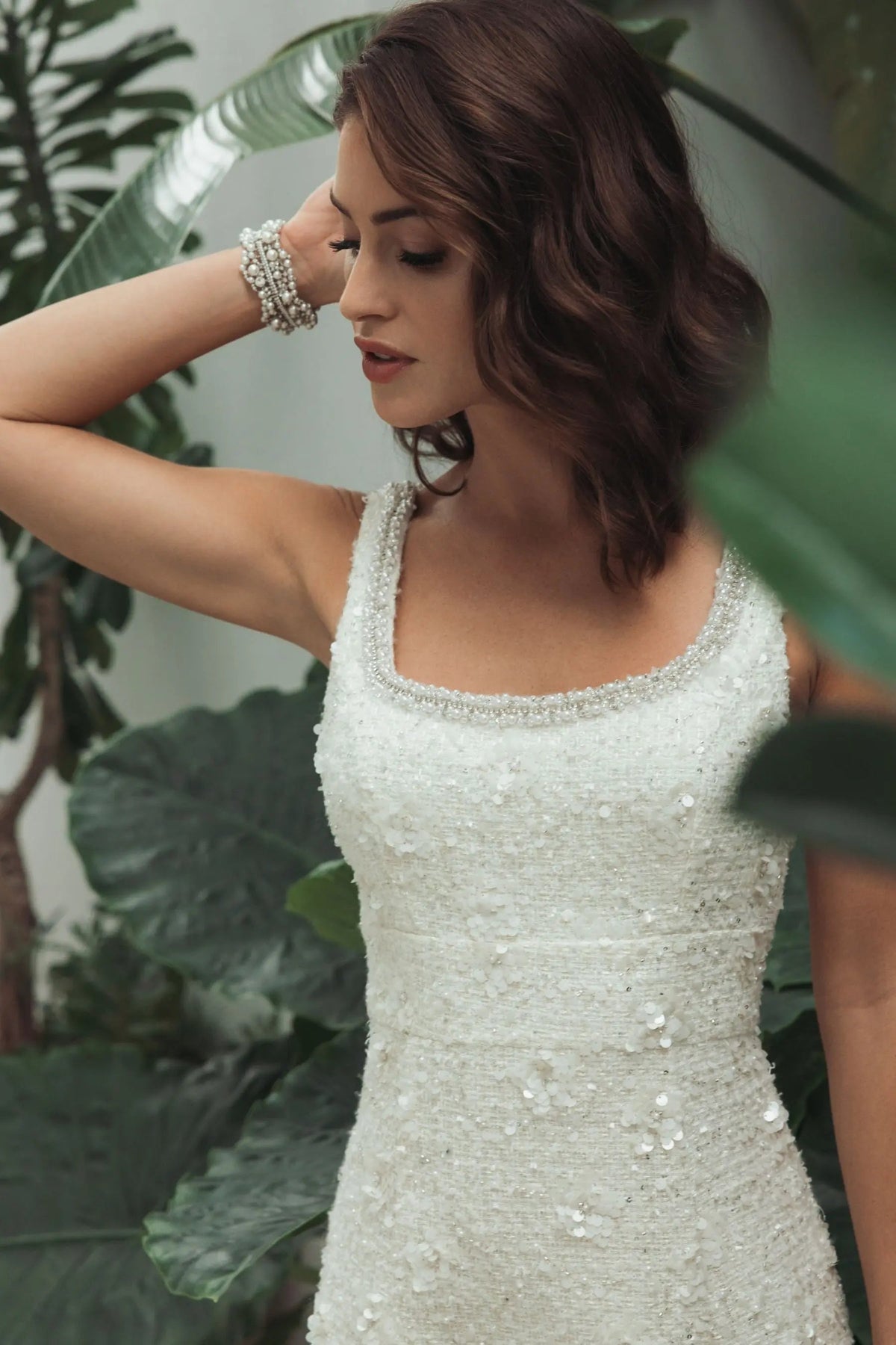 Mac Duggal Ivory Embellished Boucle Sleeveless A-Line Midi Dress