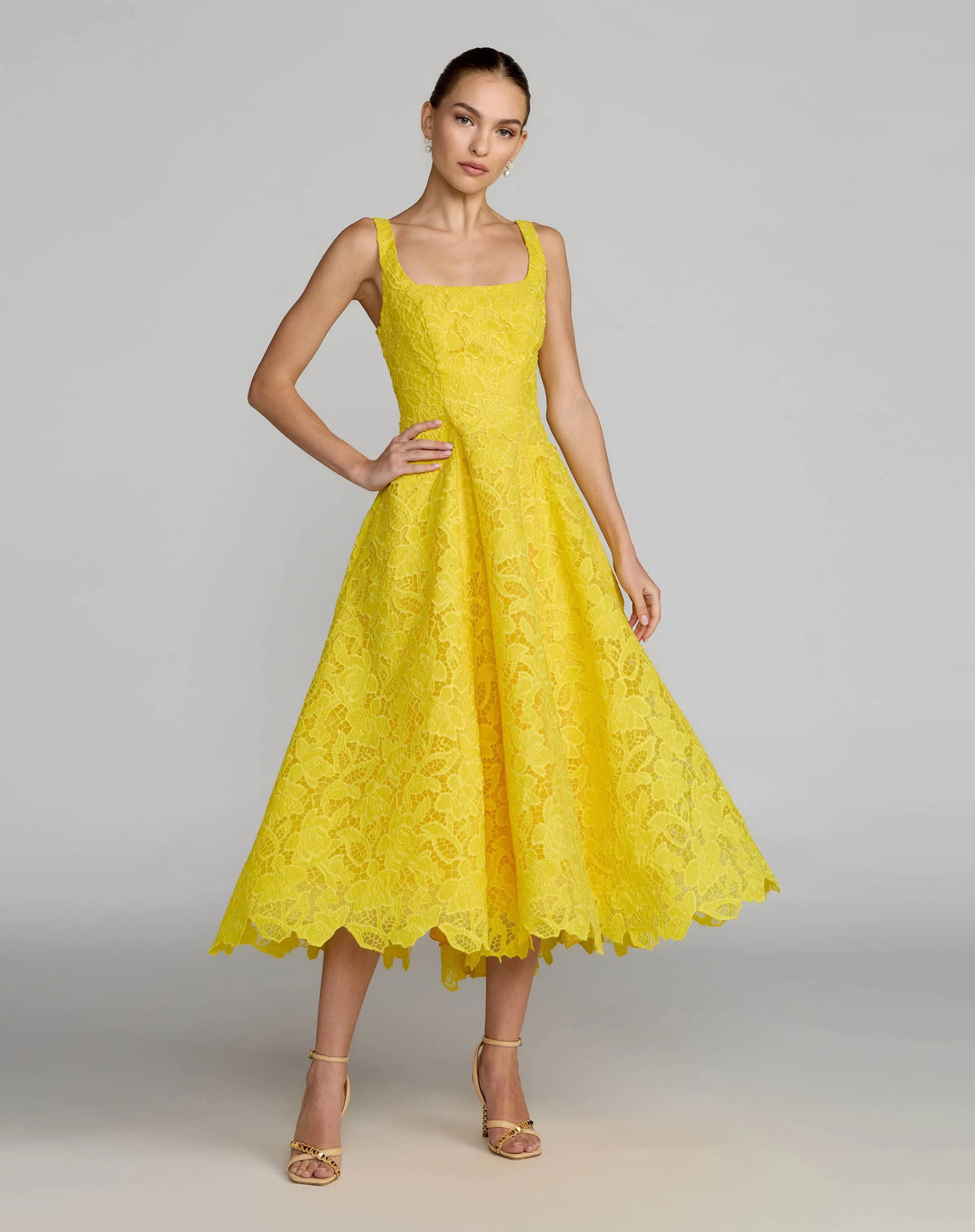 Mac Duggal Yellow Lace Square Neck A-Line Midi Dress