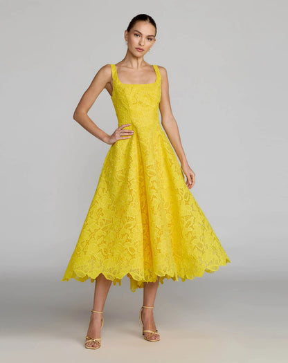 Mac Duggal Yellow Lace Square Neck A-Line Midi Dress