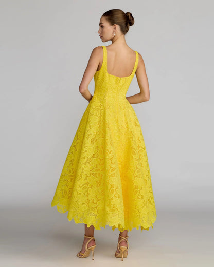 Mac Duggal Yellow Lace Square Neck A-Line Midi Dress