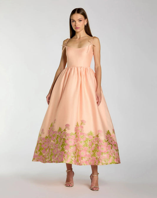 Mac Duggal Peach Spaghetti Strap Organza Midi Dress With Bow Detail