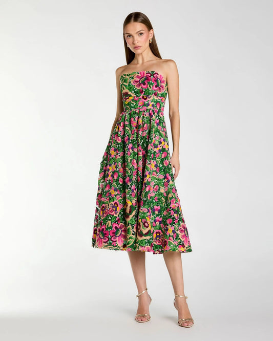 Mac Duggal Green Strapless Floral Embroidered Midi Dress