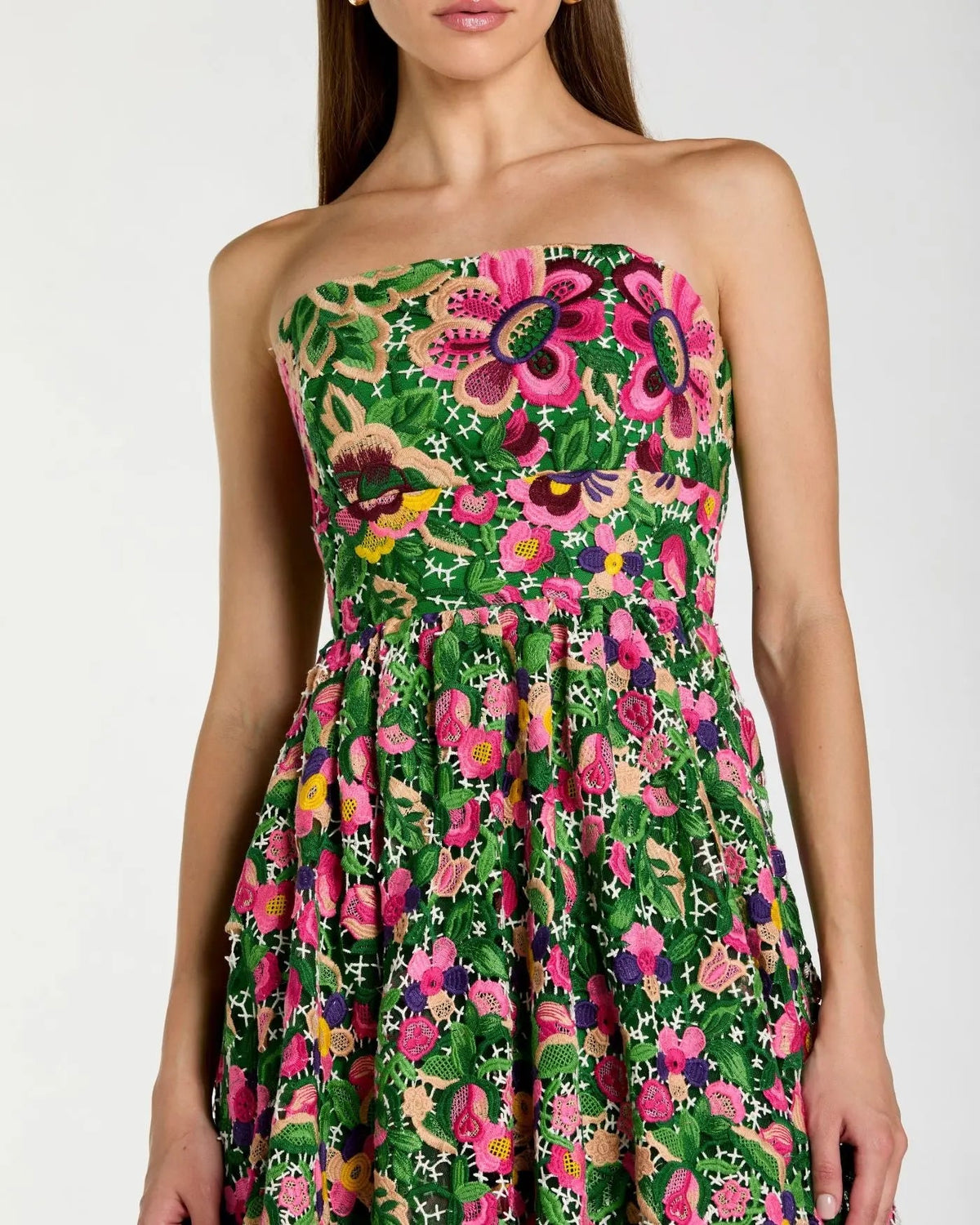 Mac Duggal Green Strapless Floral Embroidered Midi Dress