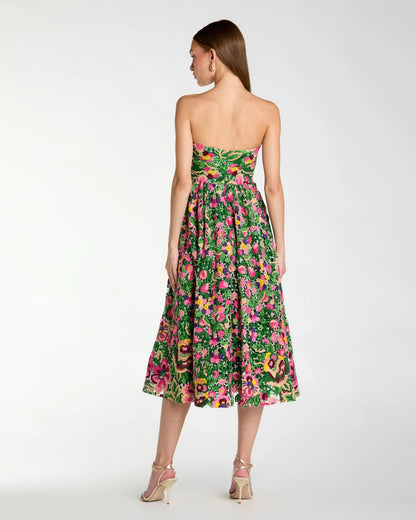 Mac Duggal Green Strapless Floral Embroidered Midi Dress