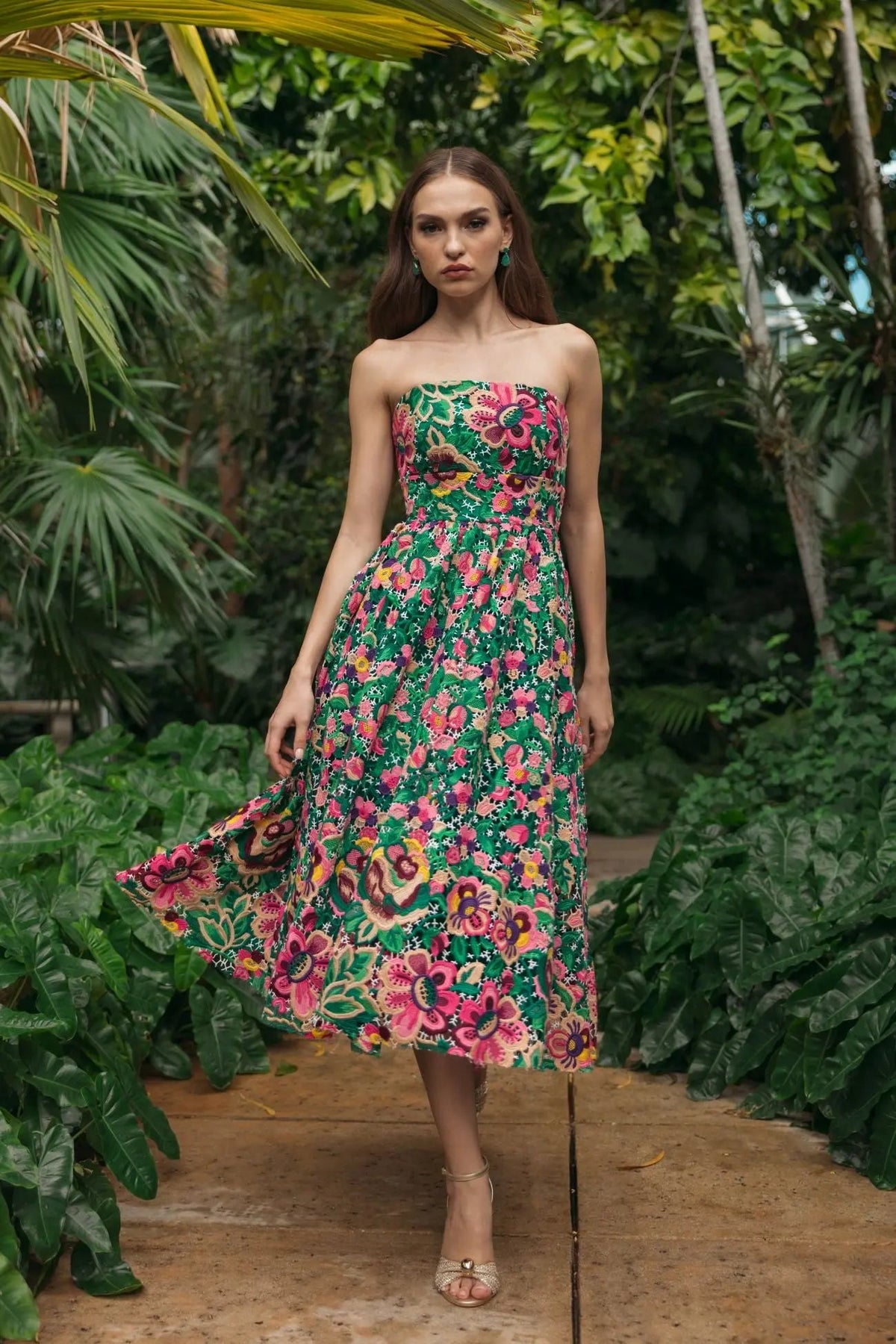 Mac Duggal Green Strapless Floral Embroidered Midi Dress