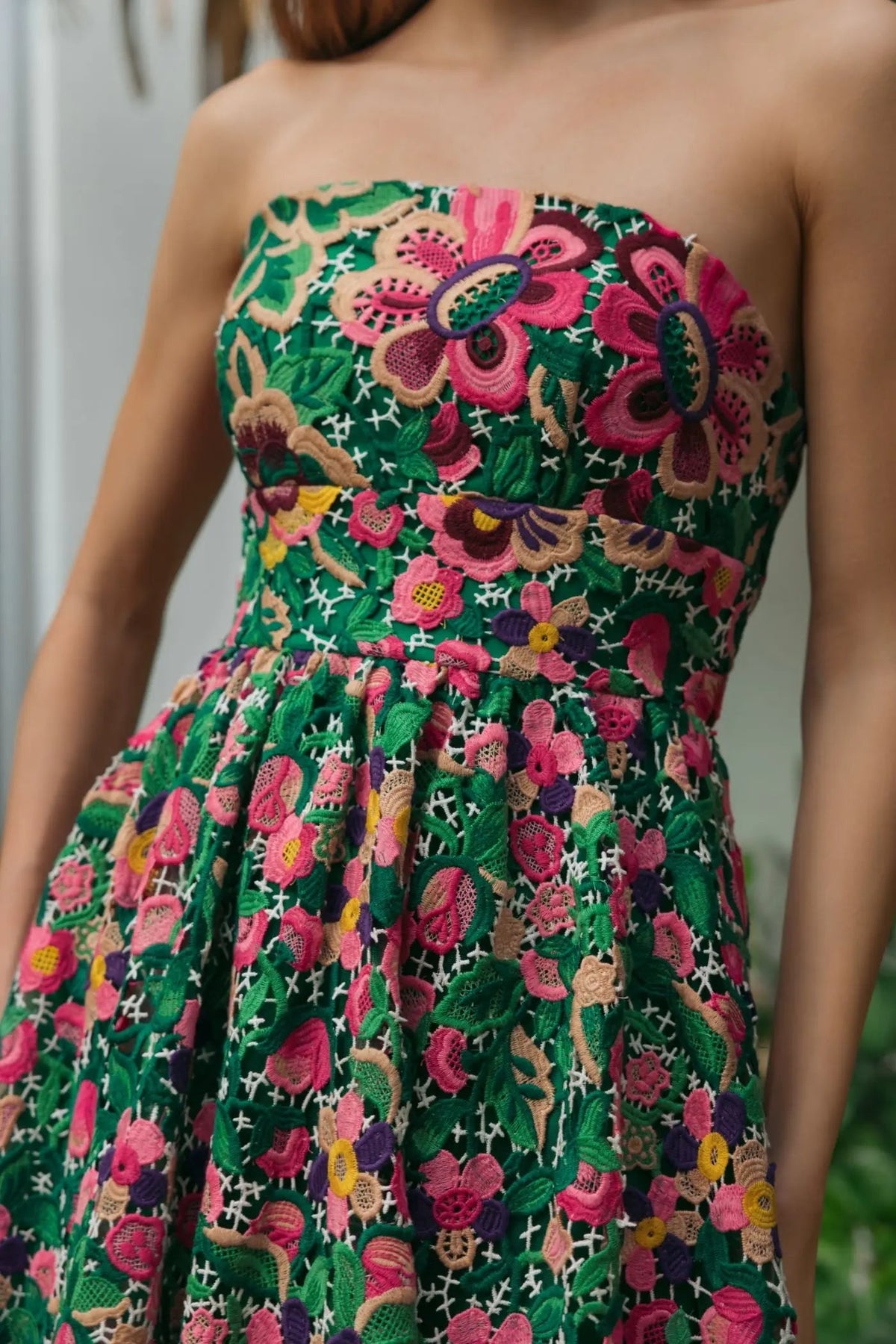 Mac Duggal Green Strapless Floral Embroidered Midi Dress