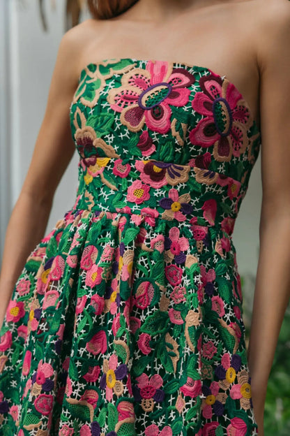 Mac Duggal Green Strapless Floral Embroidered Midi Dress