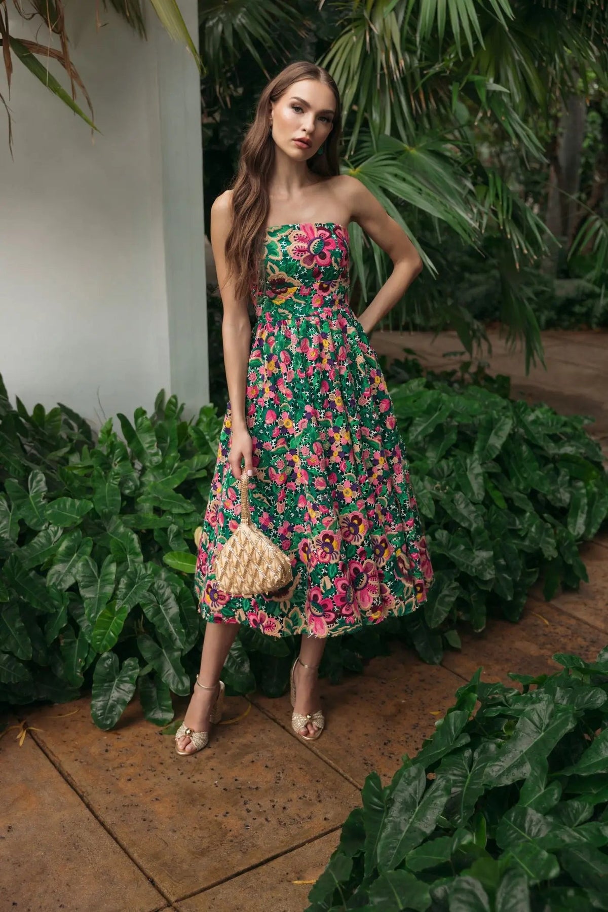 Mac Duggal Green Strapless Floral Embroidered Midi Dress