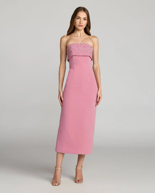 Mac Duggal Pink Strapless Crepe Midi Dress With Rhinestone Detail