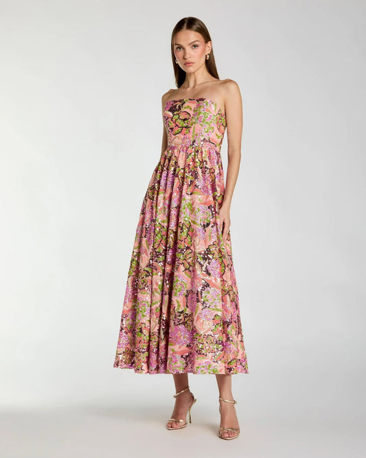 Mac Duggal Multicolor Strapless Sequin Floral Midi Dress