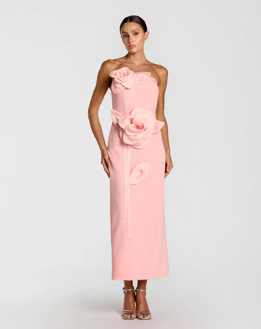Mac Duggal Pink Strapless Crepe Dress With 3D Satin Flowers