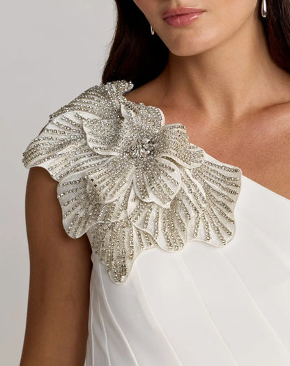 Mac Duggal White Crepe One Shoulder Midi Dress With 3D Flower