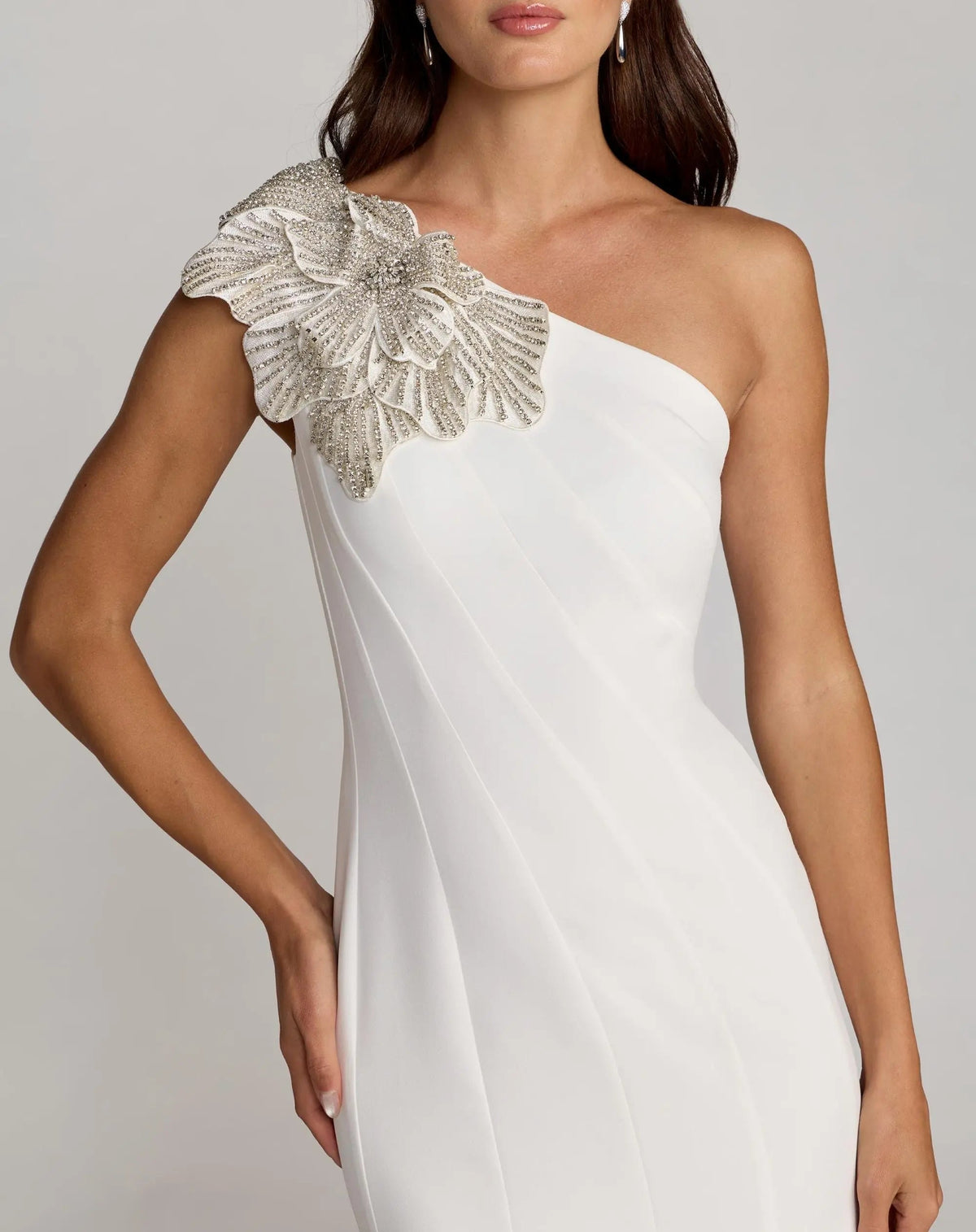 Mac Duggal White Crepe One Shoulder Midi Dress With 3D Flower
