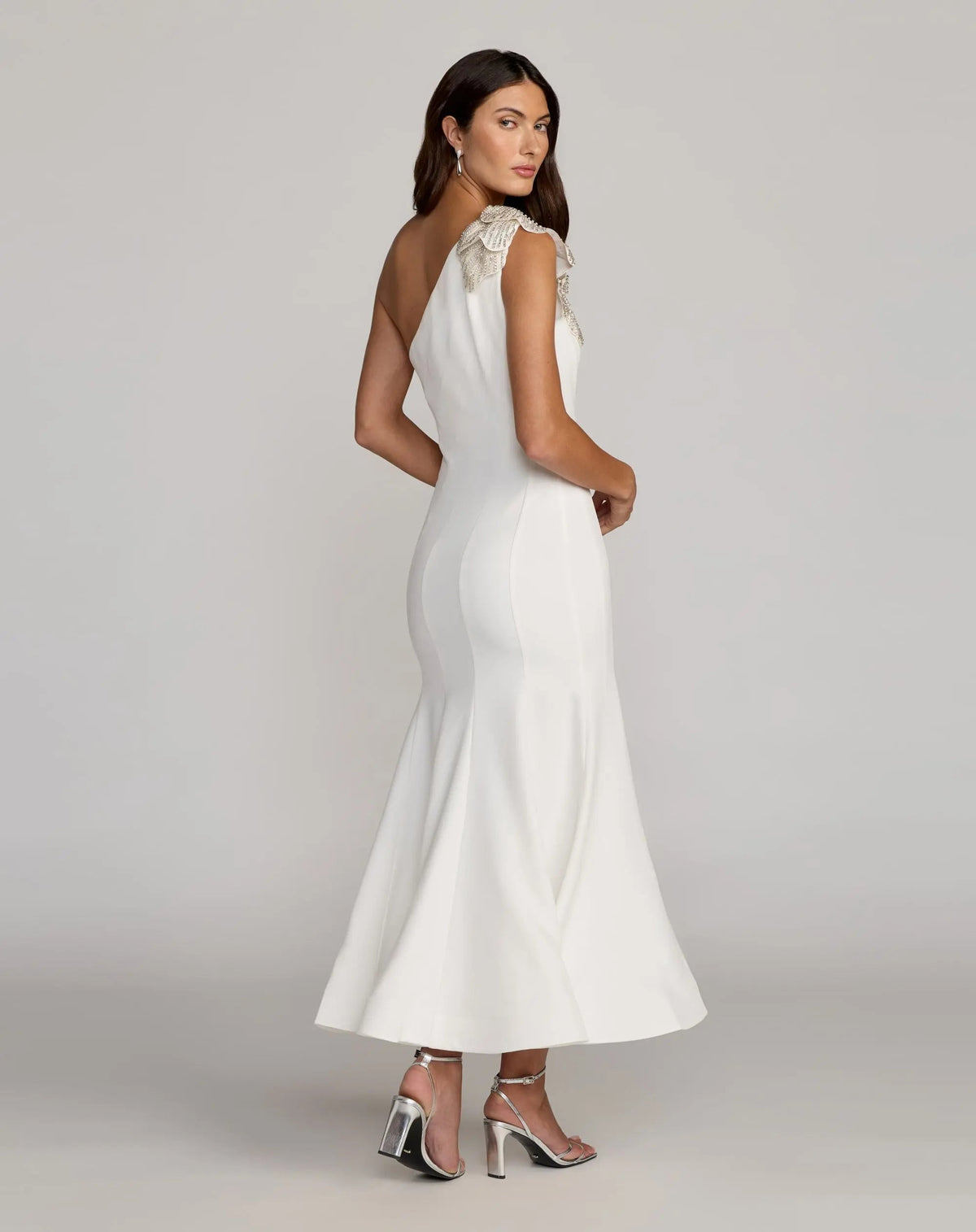 Mac Duggal White Crepe One Shoulder Midi Dress With 3D Flower