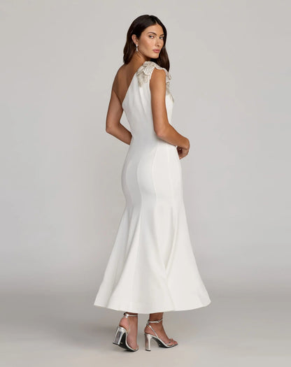 Mac Duggal White Crepe One Shoulder Midi Dress With 3D Flower