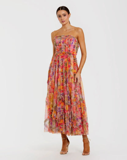 Mac Duggal Multicolor Strapless Floral Ruffle Dress
