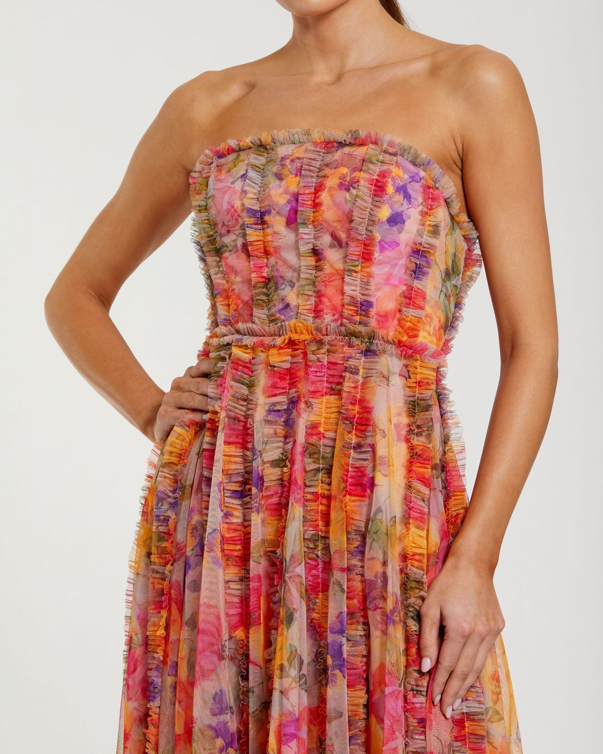 Mac Duggal Multicolor Strapless Floral Ruffle Dress