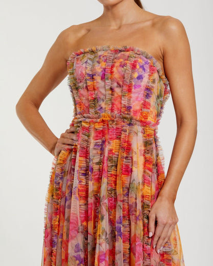 Mac Duggal Multicolor Strapless Floral Ruffle Dress