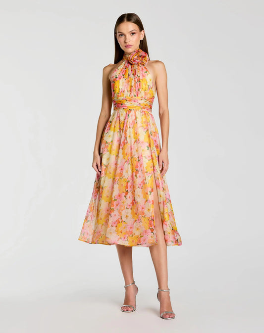 Mac Duggal Multicolor Floral Halter Neck Midi Dress With 3D Flower
