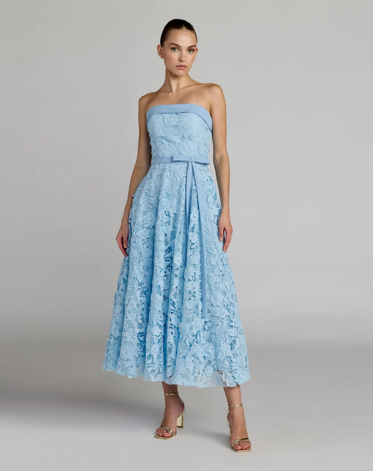 Mac Duggal Blue Embroidered Lace Strapless Midi Dress With Bow Detail