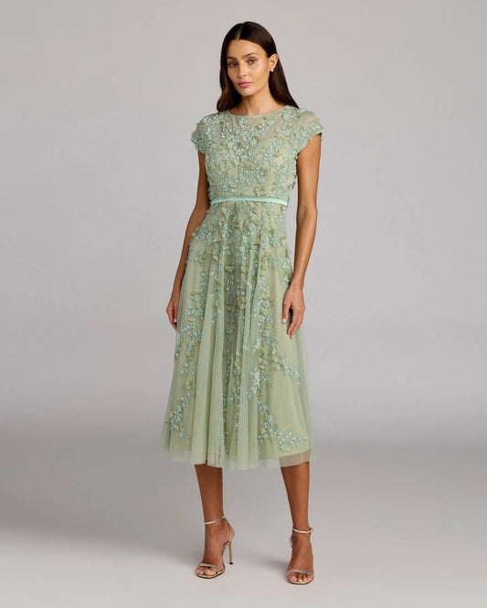 Mac Duggal Green Floral Embellished Cap Sleeve Midi Dress