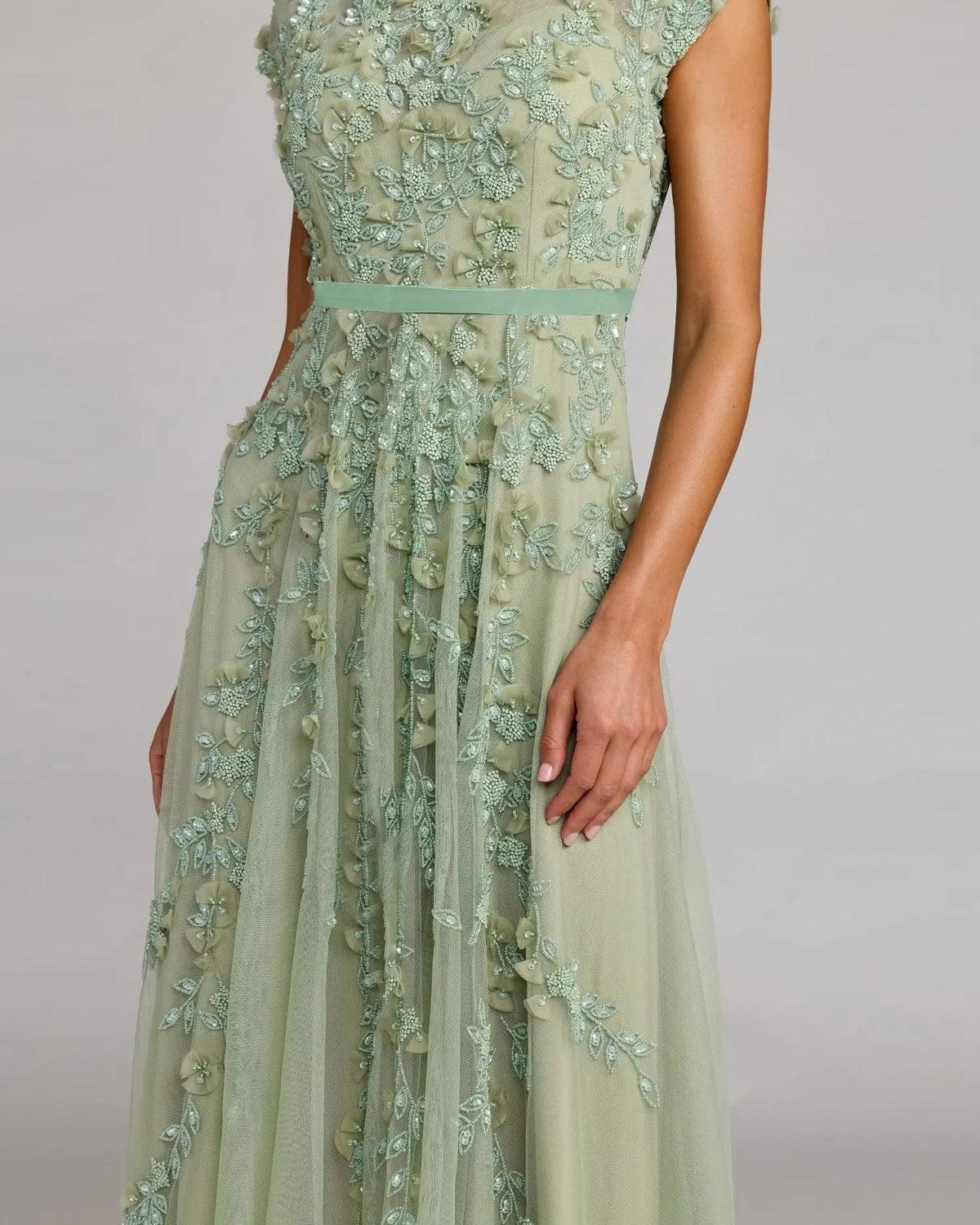 Mac Duggal Green Floral Embellished Cap Sleeve Midi Dress