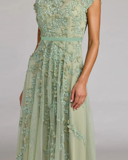 Mac Duggal Green Floral Embellished Cap Sleeve Midi Dress