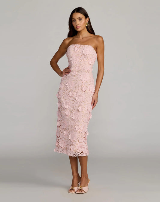Mac Duggal Pink Strapless 3D Floral Midi Dress