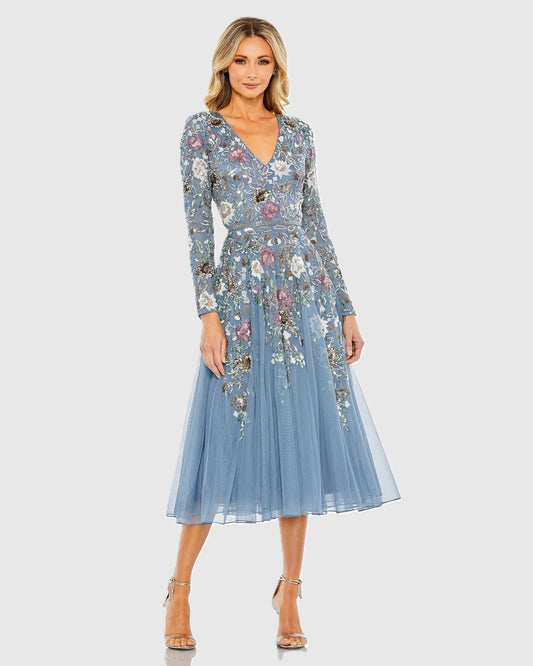 Mac Duggal Blue Hand Embellished Floral V Neck Long Sleeve Dress