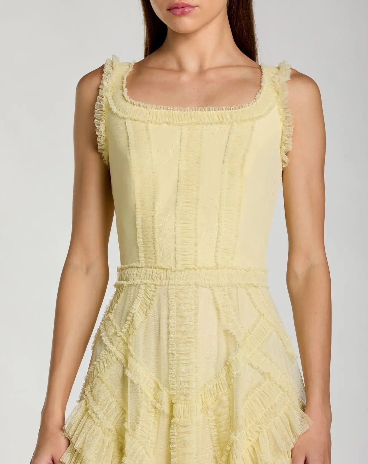 Mac Duggal Yellow Scoop Neck Sleeveless Micro Ruffle Midi Dress