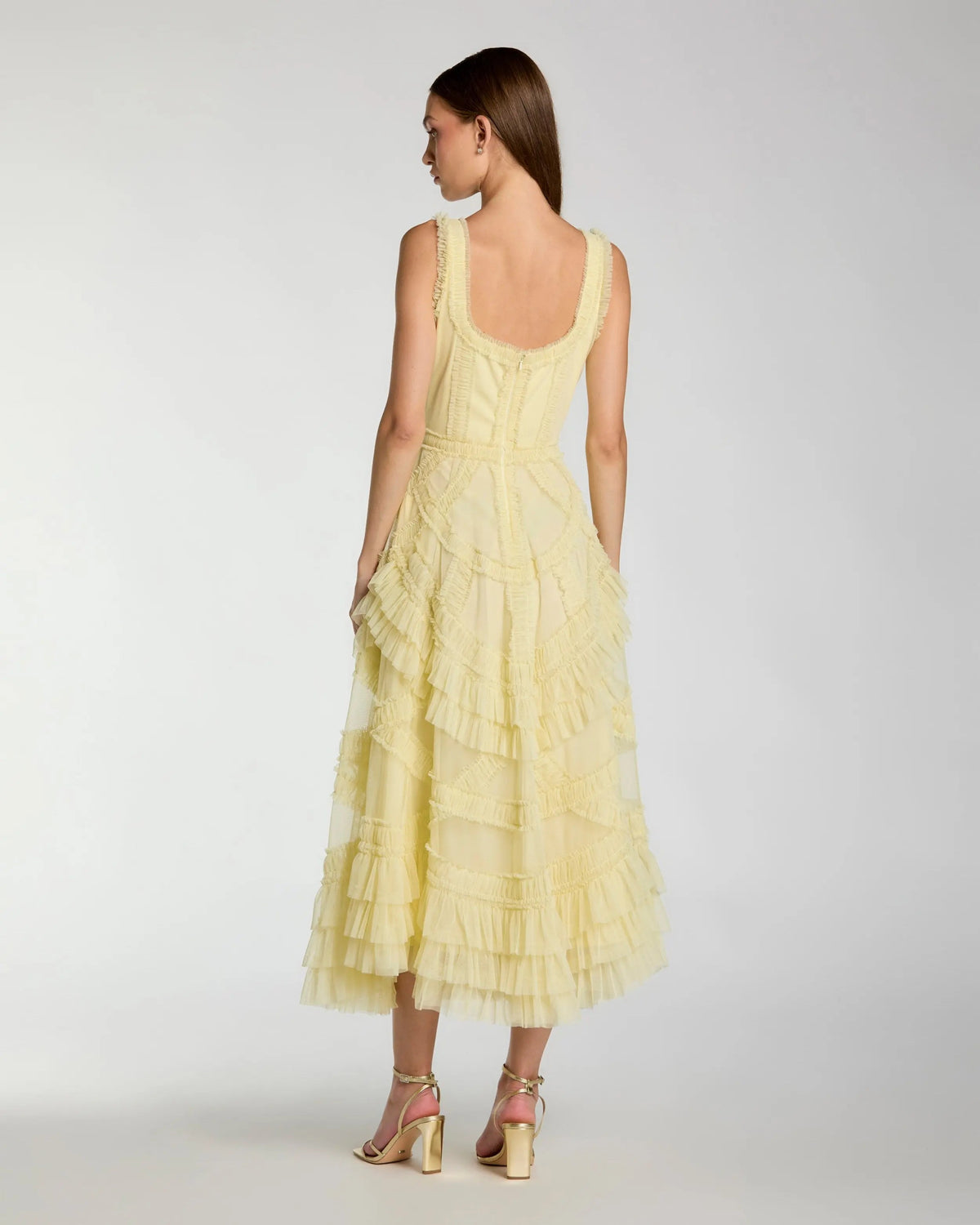 Mac Duggal Yellow Scoop Neck Sleeveless Micro Ruffle Midi Dress