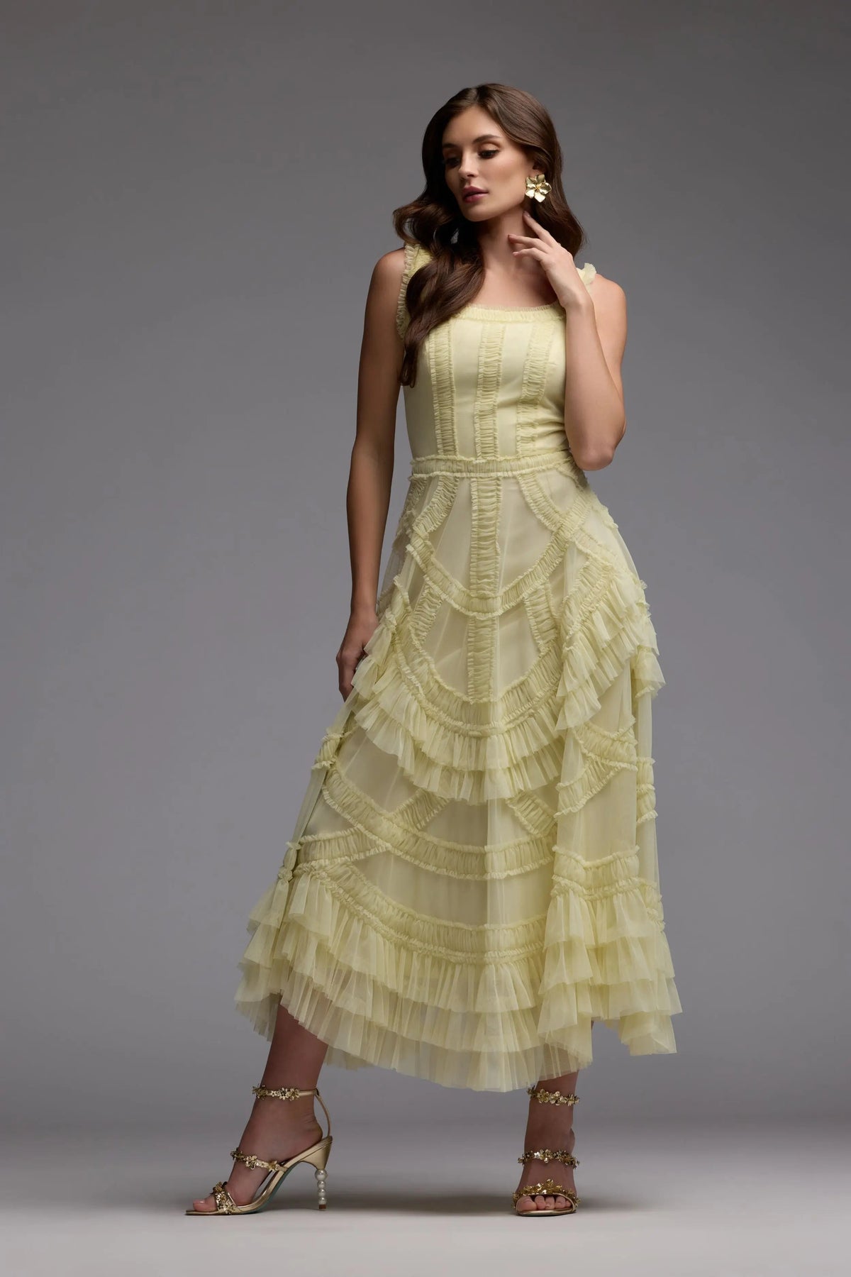 Mac Duggal Yellow Scoop Neck Sleeveless Micro Ruffle Midi Dress