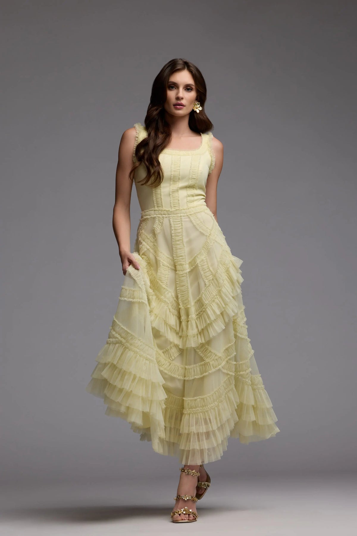 Mac Duggal Yellow Scoop Neck Sleeveless Micro Ruffle Midi Dress