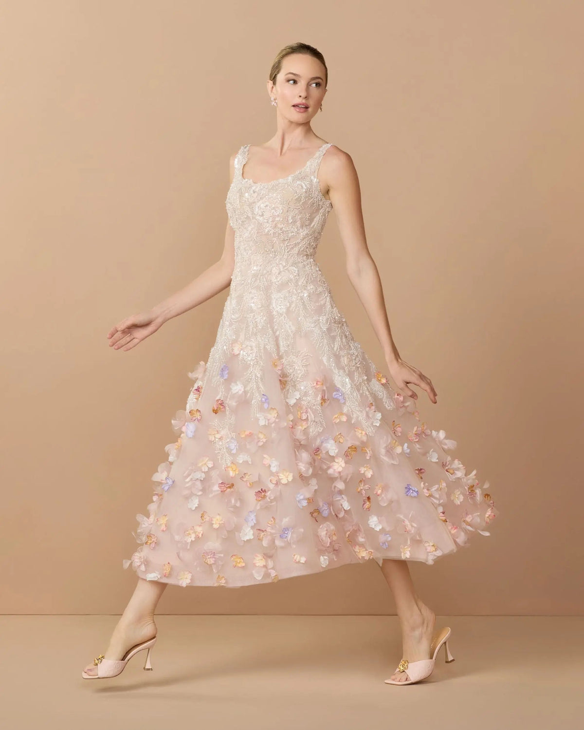 Mac Duggal Pink Sleeveless Beaded Midi Dress With 3D Flowers