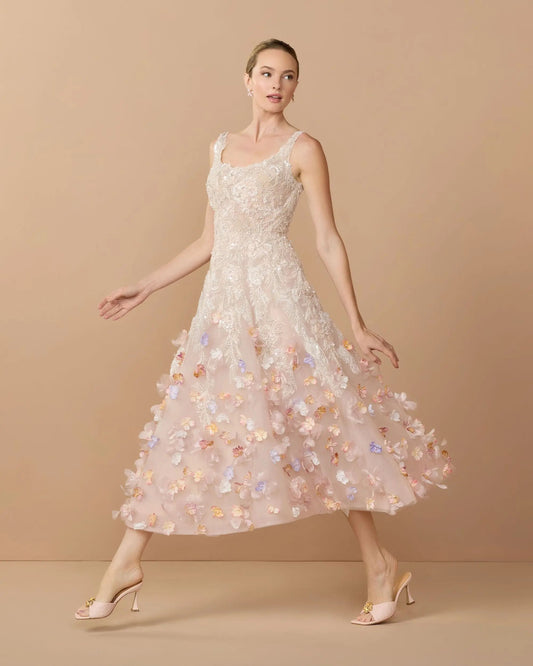 Mac Duggal Pink Sleeveless Beaded Midi Dress With 3D Flowers