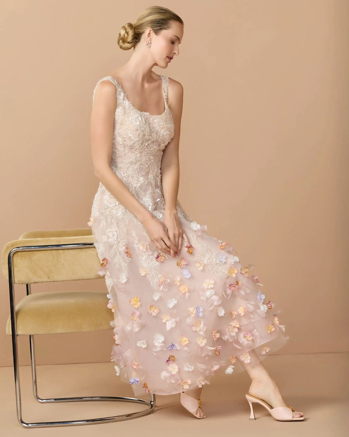 Mac Duggal Pink Sleeveless Beaded Midi Dress With 3D Flowers