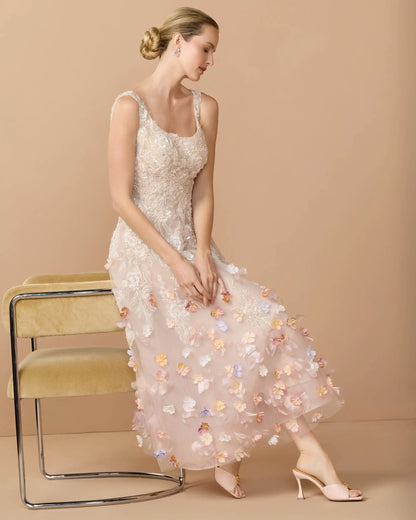Mac Duggal Pink Sleeveless Beaded Midi Dress With 3D Flowers