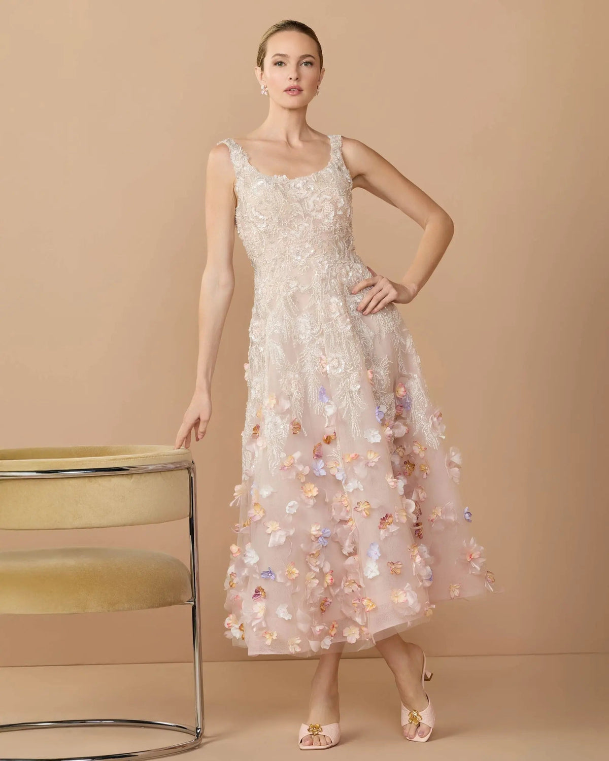 Mac Duggal Pink Sleeveless Beaded Midi Dress With 3D Flowers