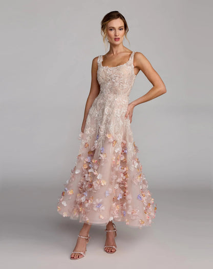 Mac Duggal Pink Sleeveless Beaded Midi Dress With 3D Flowers