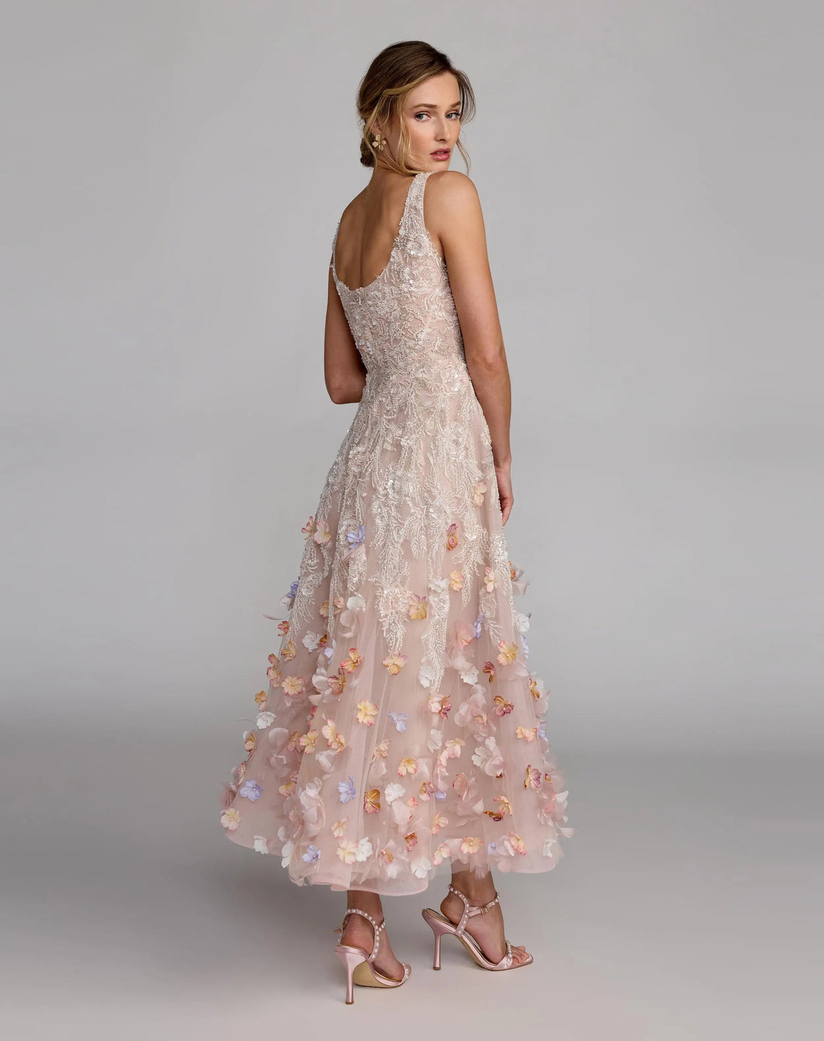Mac Duggal Pink Sleeveless Beaded Midi Dress With 3D Flowers