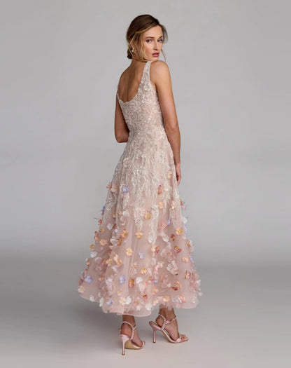 Mac Duggal Pink Sleeveless Beaded Midi Dress With 3D Flowers