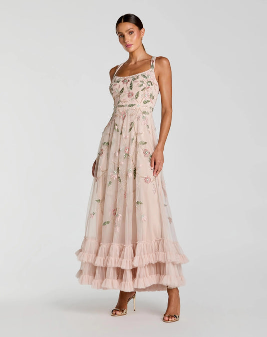 Mac Duggal Pink Ruffle Midi Dress with Floral Embroidery