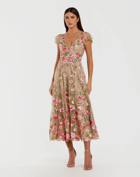 Mac Duggal Beige Floral Embroidered Flutter Sleeve Midi Dress