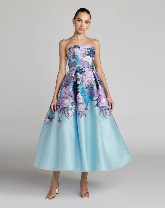 Mac Duggal Blue Floral Embroidered Strapless Organza Midi Dress