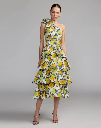 Mac Duggal Yellow One Shoulder Floral Tiered Midi Dress