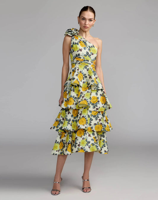 Mac Duggal Yellow One Shoulder Floral Tiered Midi Dress